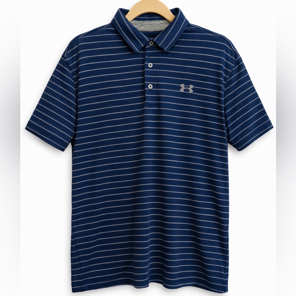 Under Armour Playoff Polo in navy blue with gray stripe detail